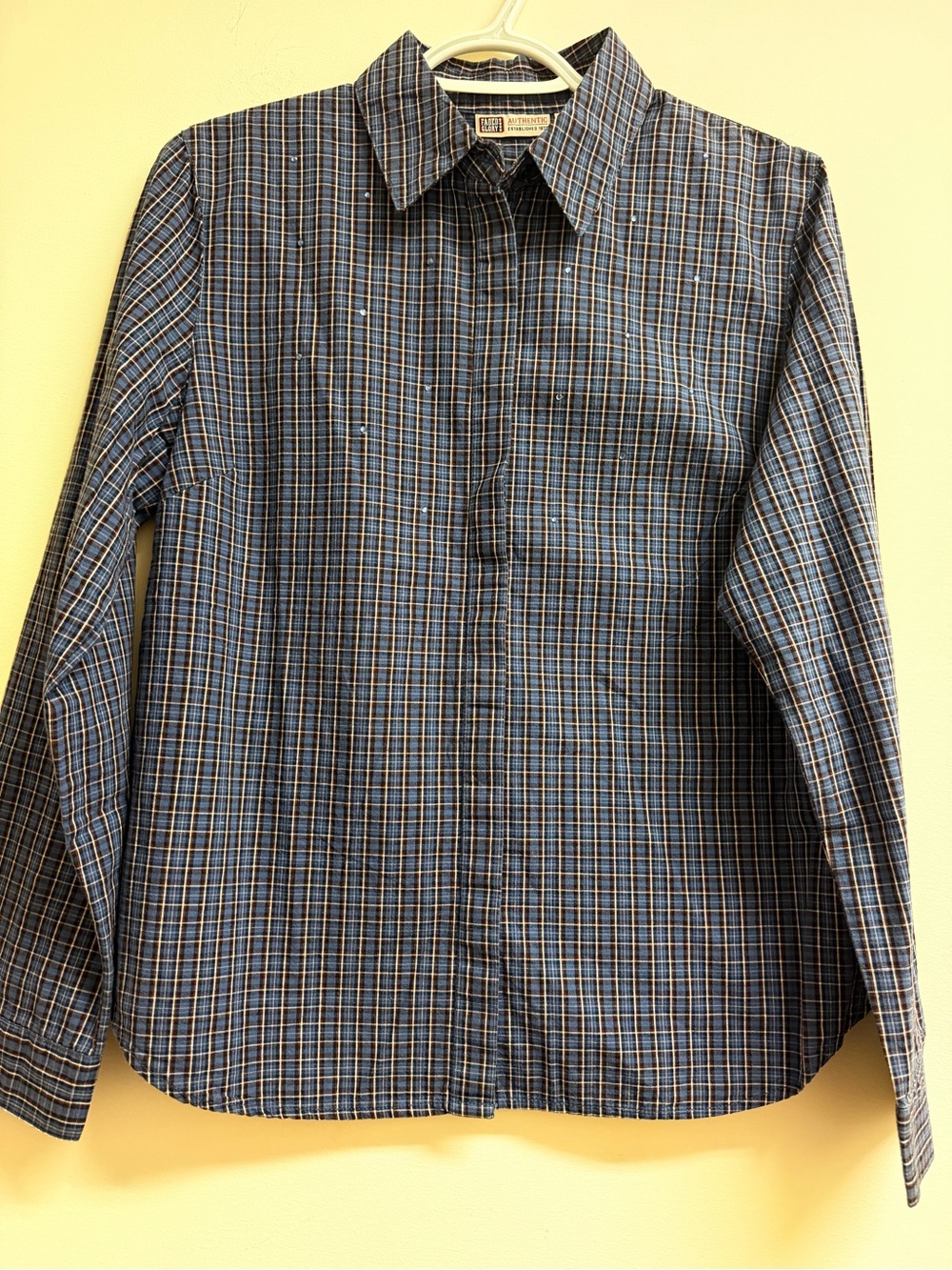Vintage Faded Glory Women's Blue Plaid Rhinestone Long Sleeve Button-Up Small